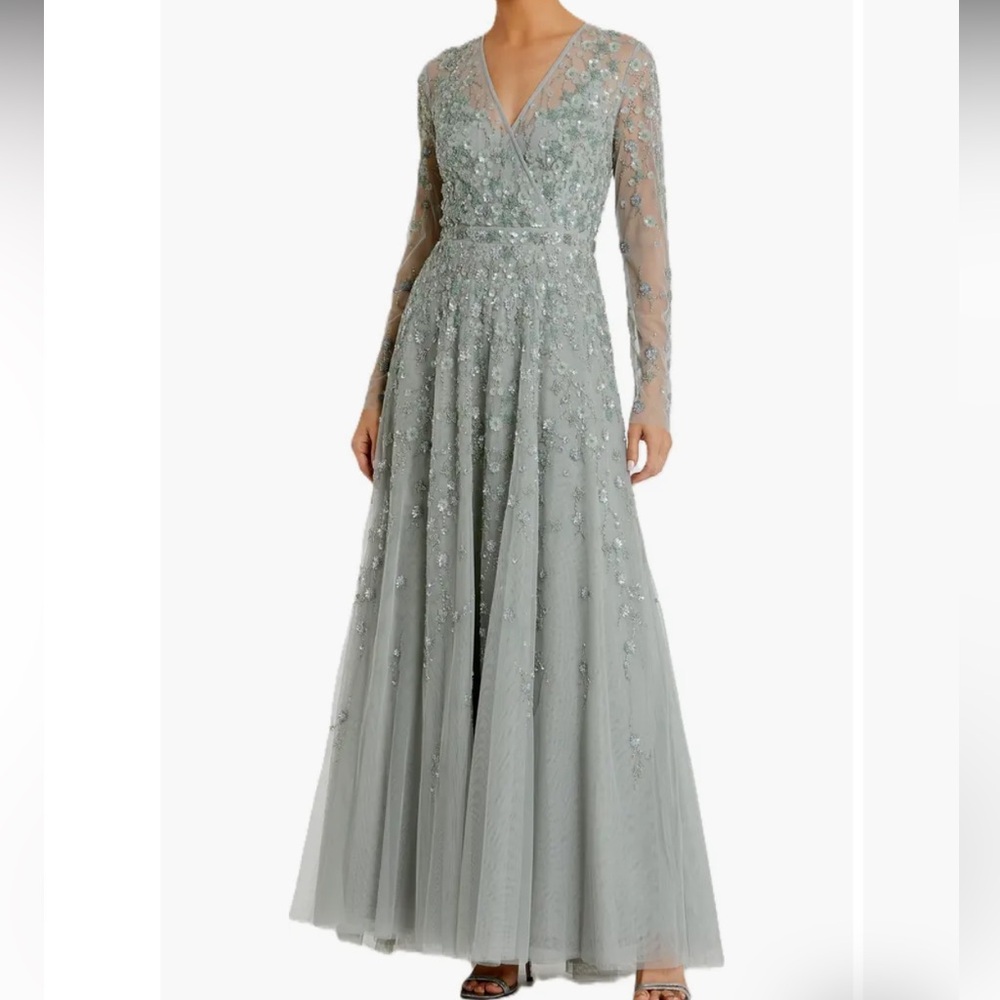 Mac Duggal Sage Green Embellished Long Sleeve V-Neck Maxi Dress